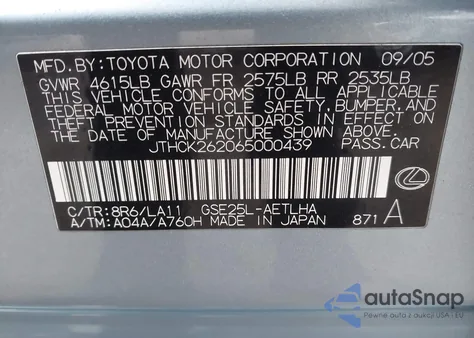 2006 Lexus Is 250 z USA, uszkodzony, nr VIN JTHCK262065000439